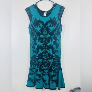 NWT Julia Jordan Knit Cap Sleeve Stretch Ruffle Dress Teal Blue Black Medium